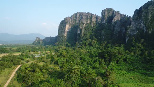 Landscape around the city of Vang Vieng in Laos seen from the sky