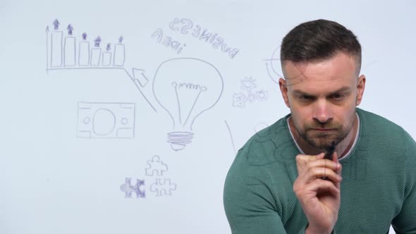 Man Draws Various Growth Charts Calculating Prospects for Success in a Modern Glass Office