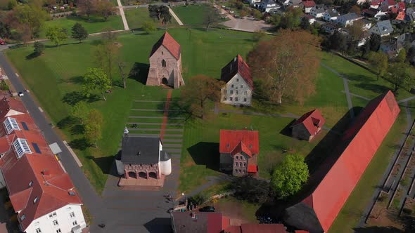 Beautiful flight over the monastery in the city of Lorsch.