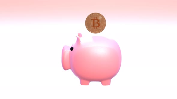 Piggy bank and Bitcoin. Crypto currency.