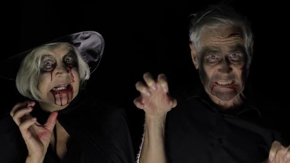 Elderly Man and Woman in Halloween Costumes. Witch and Zombie