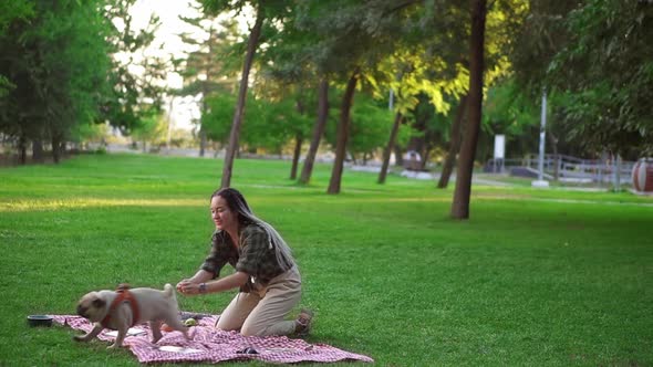 Woman with Dreadlocks Playing with Her Dog on Grass Having Picnic Outdoors in the Green Park Alone
