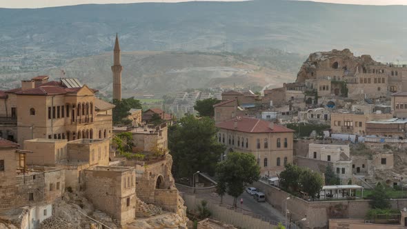 Urgup Town Aerial View From Temenni Hill in Cappadocia Region of Turkey Timelapse