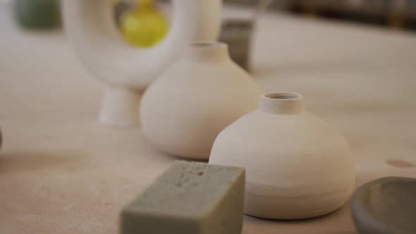 View of various hand made pottery at pottery studio