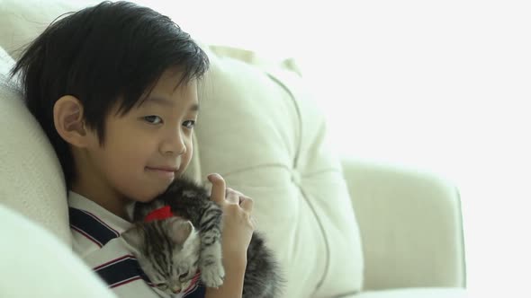 Asian Child Playing With Kitten On Sofa At Home