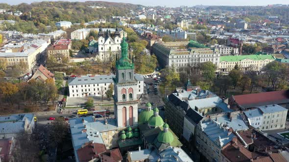 Aerial Video of Uspinska Church in in Central Part of Old City of Lviv, Ukraine