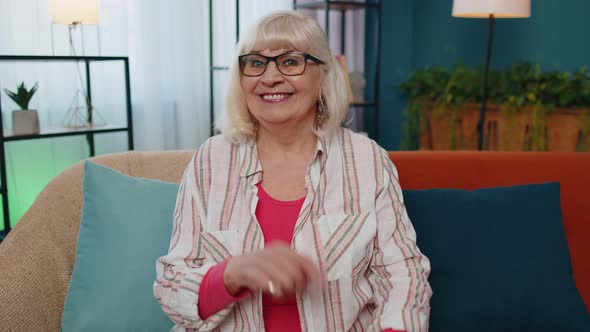 Portrait of Happy Caucasian Senior Old Grandmother in Casual Shirt Smiling Looking at Camera at Home