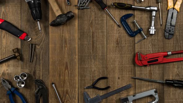 Logo Intro Animation of Repair Tools on a Wooden Table Top View