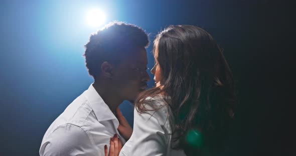 Romantic Shot of Couple Dancing Expressing Love Beautiful Woman Touches Dark Skinned Handsome Man on