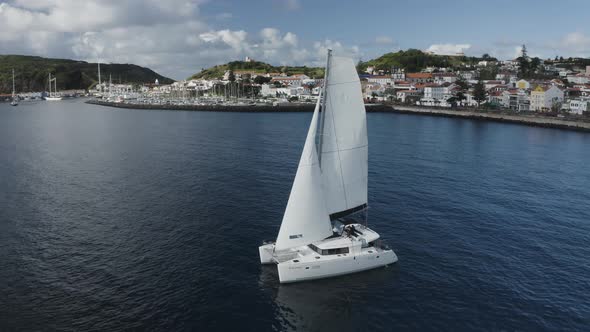 Aerial View of Sailboat in a regatta off the coast of Matriz, Azores, Portugal.