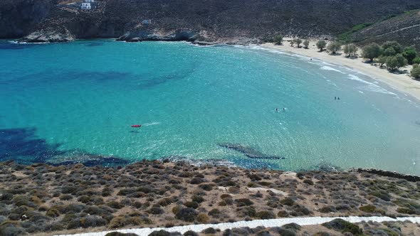 Psili Ammos beach on the Island of Serifos in the Cyclades in Greece seen fro