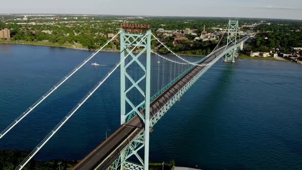 Sweeping aerial view of the Ambassador Bridge in Detroit, Michigan