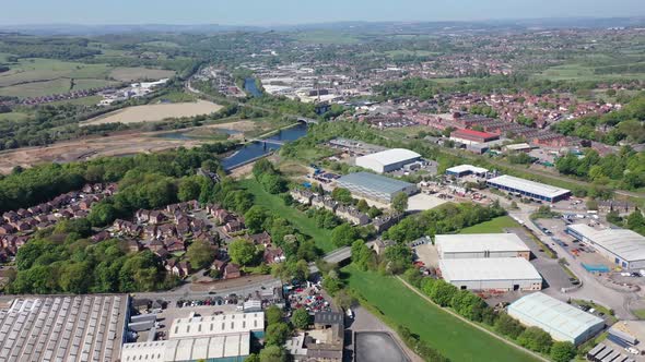 Aerial footage of the town centre of Dewsbury in West Yorkshire in the UK