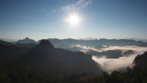 Beautiful landscape sunbeam with fog at morning,