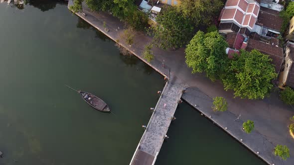 Aerial View of a River Bridge in Hoi An Old Town in Vietnam, Without Tourist.