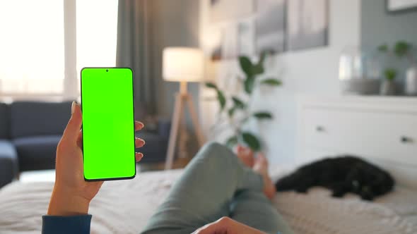 Woman at Home Lying on a Bed with Black Cat and Using Smartphone with Green Mockup Screen in