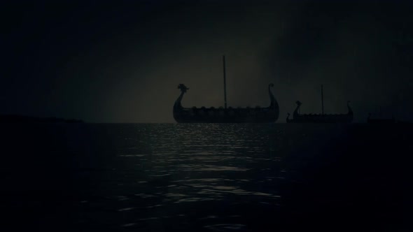 Vikings Ships Fleet Sailing to Shore in a Stormy Rainy Day