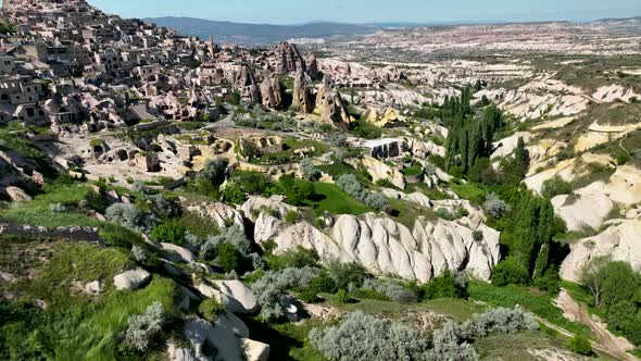 Awesome aerial view of Goreme Historical National Park in Cappadocia, Turkey 4 K