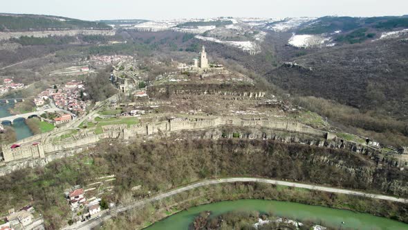 Aerial view of Tsarevets Fortress in Veliko Tarnovo, Bulgaria.