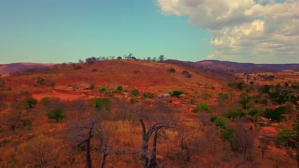 Aerial drone shot flying backwards over dry dead trees near a small village in rural Bahia, Brazil