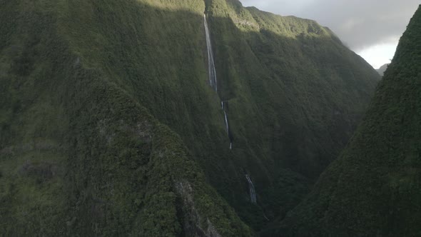 Aerial view of a waterfall (La Cascade Blanche), Saint Benoit, Reunion.