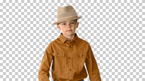 Boy in a shirt and straw hat walking waving, Alpha Channel