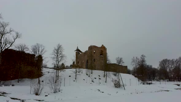 Ruins of Ancient Livonian Order's Stone Medieval Castle Latvia Aerial Drone Top Shot 