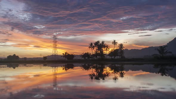 Red flame cloud sunset over electric tower and coconut trees.