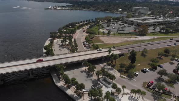 Aerial of river walk area in Bradenton, Florida.  Skatepark, beach volleyball on the Manatee River i