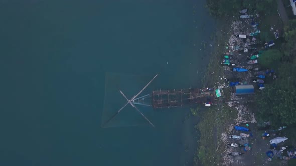 Traditional Chinese fishing nets, Fort Kochi, India. Top down aerial drone view