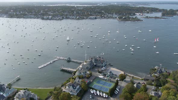 Aerial view of historic Marblehead town center and Marblehead harbor, Marblehead, Massachusetts MA,