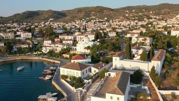 Aerial View of Spetses Old Town and Marina or Seaport Greece  Drone Videography