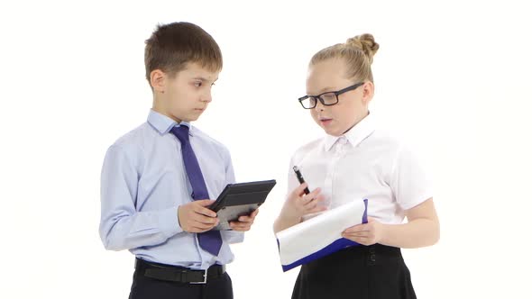 Couple Kids Businessman Calculate Profits and Losses on White Background