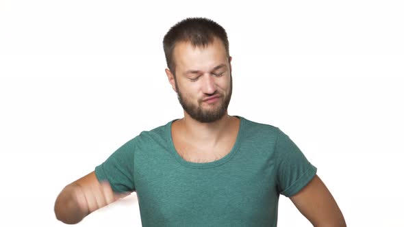 Horizontal Portrait of Adult Guy with Short Brown Hair Shaking Head Negatively Showing Dislike Sign