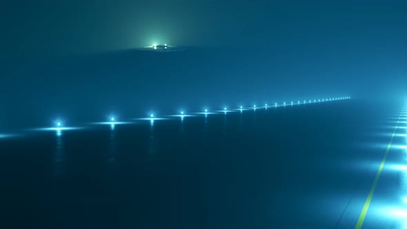 Extraterrestrial spacecraft (UFO) landing on a strip during a foggy night. 4KHD