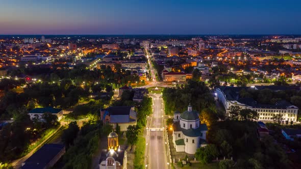 Beautiful evening top view of the city. Hyperlapse from a quadcopter