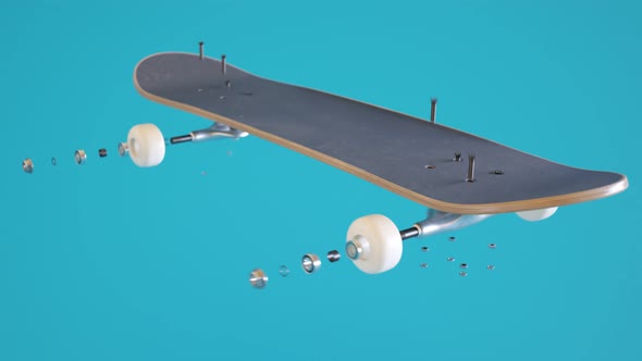 Skateboard assembly process. Elements of the board combining in order. Render 4k