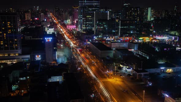 Beijing Night Aerial Cityscape with Road Traffic China Zoom Out