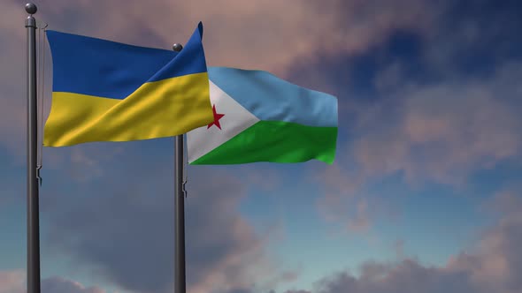 Djibouti Flag Waving Along With The National Flag Of The Ukraine - 4K