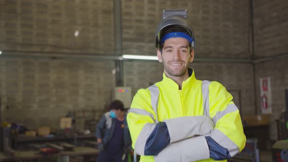 ready to work portrait of smart caucasian male in safty uniform