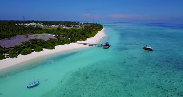 Daytime birds eye copy space shot of a summer white paradise sand beach and aqua blue ocean background