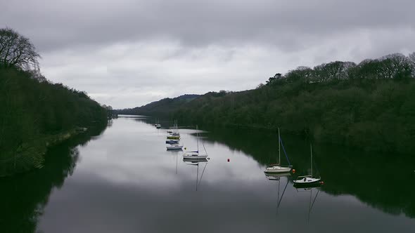 Beautiful aerial view, footage of Rudyard Lake in the Derbyshire Peak District Nation Park, popular