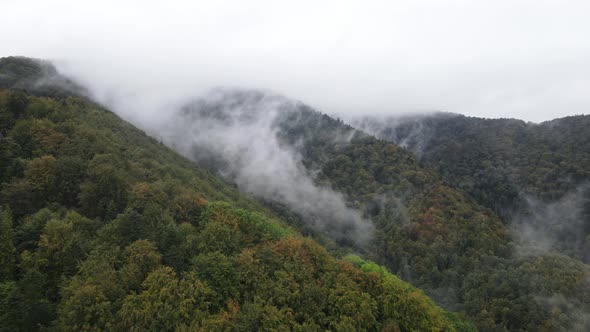 Mountains in Fog Slow Motion. Aerial View of the Carpathian Mountains in Autumn, Ukraine