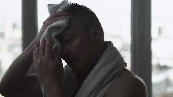 Male Hygiene Bathroom Routine Man Drying Wet Hair