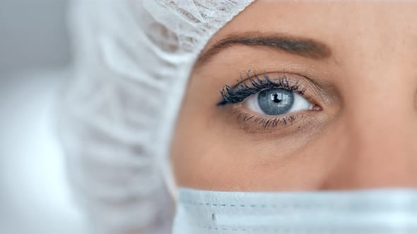 Half Closeup Portrait of Confident Woman Nurse or Doctor Face in Surgical Mask on Blurred Background