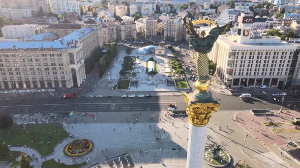 Monument in the Center of Kyiv, Ukraine. Maidan. Aerial View