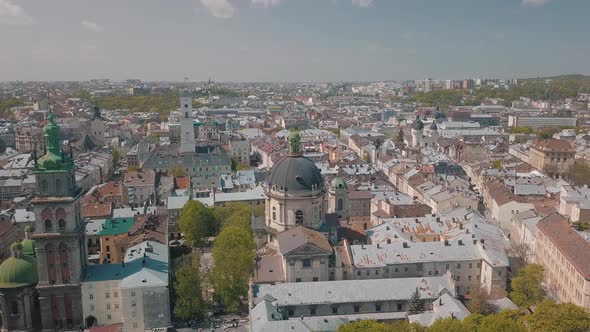 Aerial City Lviv, Ukraine. European City. Popular Areas of the City. Dominican