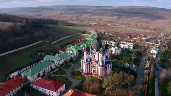 Orbital Aerial Drone View of Curchi Monastery in Orhei Moldova