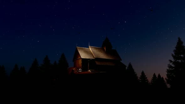 Wooden Chalet and Forest Night View