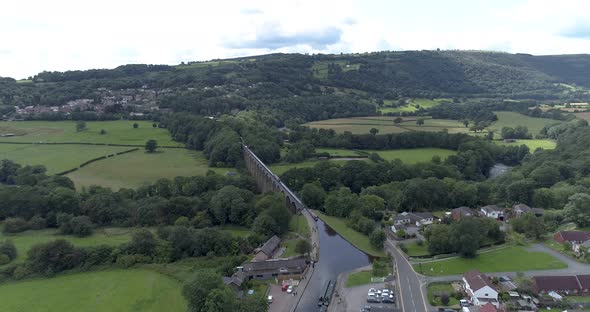 Push in aerial shot of llangollen aqueduct, above the canal.